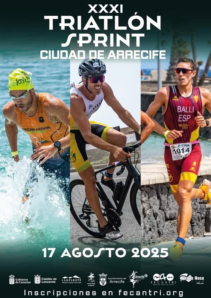 El próximo domingo 17 de agosto de 2025, desde las 08:30 horas, se celebrará la XXXI edición del Triatlón Sprint Ciudad de Arrecife
